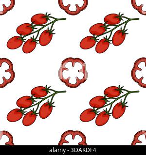 A vibrant, repeating vector pattern featuring ripe red tomatoes on the vine and cross-sections of red bell peppers against a clean white background, e Stock Vector