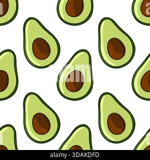 Seamless vector pattern featuring halved avocados with dark brown pits and vibrant green flesh, set against a clean white background, evoking a fresh Stock Vector