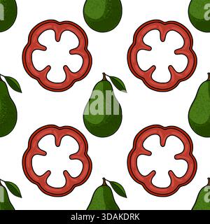 A delightful seamless vector pattern featuring whole avocados with leaves and vibrant red bell pepper slices, arranged on a clean white background. Stock Vector