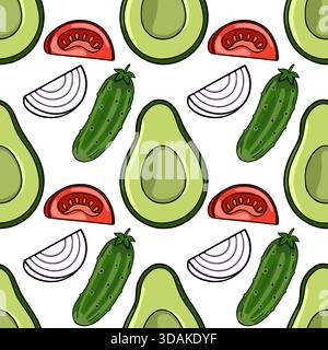 Seamless vector pattern featuring sliced avocado, tomato wedges, cucumber segments, and onion rings on a white background. Stock Vector