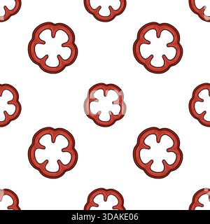 Seamless vector pattern of red bell pepper slices with a clean white background and bold black outlines, perfect for culinary design. Stock Vector