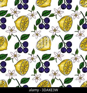 Seamless vector pattern featuring bright yellow lemon halves, deep purple berries on stems with green leaves, and delicate white blossoms. Stock Vector
