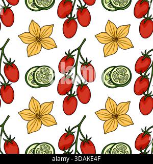 Seamless vector pattern featuring vibrant red cherry tomatoes on the vine, sliced green cucumbers, and bright yellow blossoms, creating a fresh and or Stock Vector