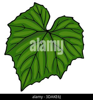 A vibrant green grape leaf vector illustration with detailed veins and a stylized, slightly wavy edge, isolated on a white background. Stock Vector