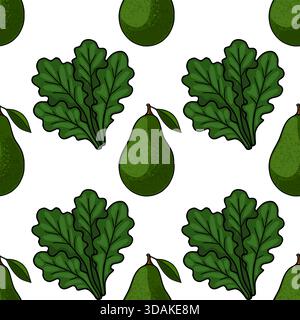Seamless vector pattern featuring stylized green avocados and leafy greens on a white background. Stock Vector