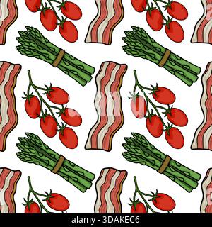 A charming seamless vector pattern featuring fresh asparagus bunches, ripe cherry tomatoes on the vine, and wavy slices of bacon, all rendered in a pl Stock Vector