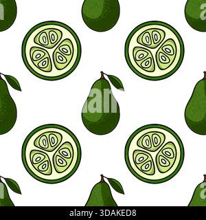 Seamless vector pattern featuring whole and sliced green feijoas with a stylized, illustrative look and a clean white background. Stock Vector