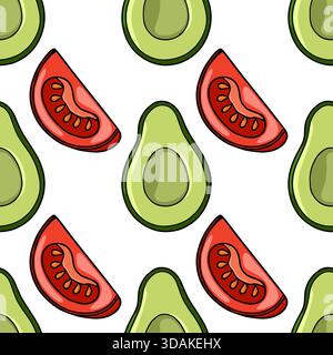 Seamless vector pattern featuring sliced avocados and tomato wedges with vibrant colors and clean outlines. Stock Vector