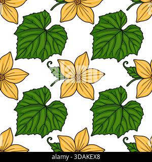 Seamless vector pattern of bright yellow zucchini flowers and lush green leaves with crisp outlines on a white background. Stock Vector