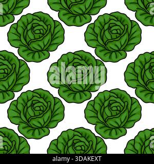 A vibrant vector pattern featuring repeating green lettuce heads with bold black outlines on a clean white background, perfect for food-themed designs Stock Vector