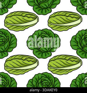 Seamless vector pattern featuring vibrant green lettuce heads and leaves with bold black outlines on a clean white background, perfect for culinary or Stock Vector