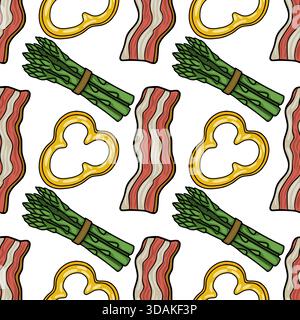 Seamless vector pattern featuring hand-drawn elements of crispy bacon strips, fresh green asparagus bunches, and bright yellow bell pepper rings on a Stock Vector