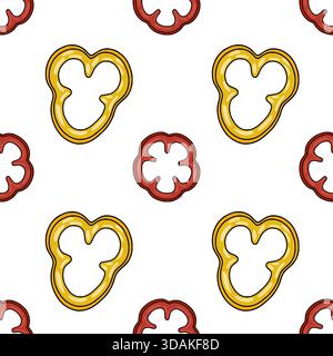 Seamless vector pattern of red and yellow bell pepper slices with a clean white background. Stock Vector