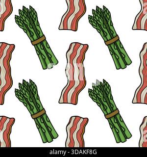 Seamless vector pattern featuring hand-drawn cartoon style bacon strips and asparagus bunches with bold outlines and vibrant colors on a white backgro Stock Vector