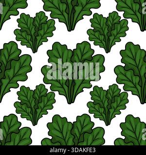 A seamless vector pattern featuring stylized green lettuce leaves with bold black outlines against a clean white background, evoking a fresh and healt Stock Vector