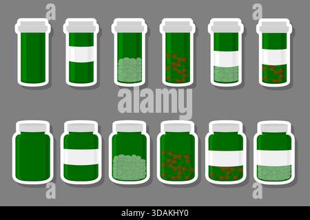 Illustration on theme big colored set different types of pills inside close jar. Pill pattern consisting of collection jars with quality control close Stock Vector