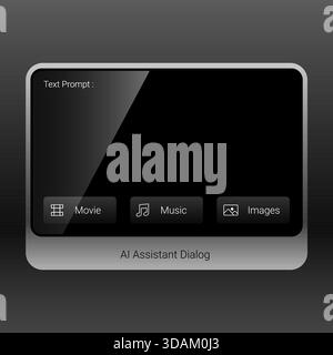 A sleek and minimal AI assistant dialog interface featuring a glossy black prompt screen and three category buttons for movie, music, and image genera Stock Vector