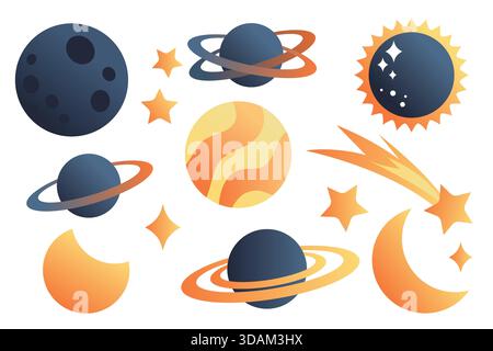 Cute set of space clip art: planets, sun, and stars. Hand-drawn illustration. Scene builder, element collection. Flat design. Concept for children pri Stock Vector