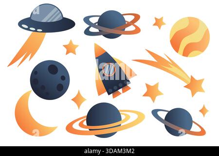 Cute set of space clip art: planets, stars, and spaceship. Hand-drawn illustration. Scene builder, element collection. Flat design. Concept for childr Stock Vector