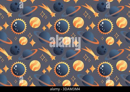 Cute seamless pattern with planets, the sun, and stars on a dark background. Flat space design. Hand-drawn illustration. Stock Vector