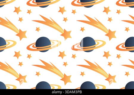 Cute seamless pattern with planets and stars. Hand-drawn illustration. Scene builder, element collection. Flat design. Stock Vector