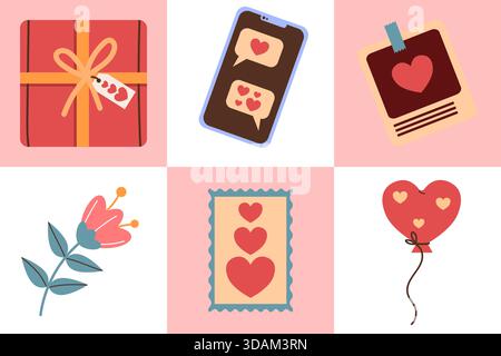 Festive seamless pattern for Valentine's Day. Flowers, gift, heart-shaped balloon. Flat style illustration. Stock Vector