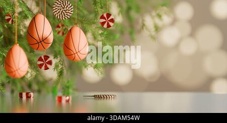 Easter eggs decorated as basketballs and peppermint candies hang on green branches in a festive setting. 3d rendering Stock Photo
