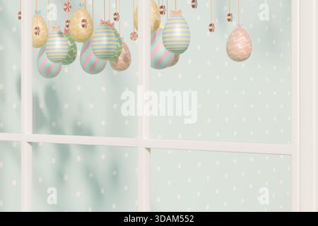 Pastel Easter eggs hang by strings in front of a window with polka dot wall. 3d rendering Stock Photo