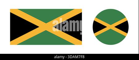 Flag of Jamaica round, rectangular buttons set. Jamaica flag circle, rectangle badges. Kingston icons. Stock Vector