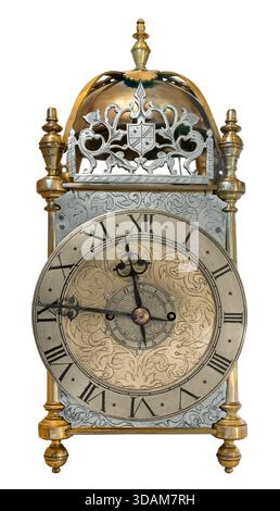 A Beautiful Antique Carriage-Style Table (Or Bracket) Clock In Gold And SIlver, Isolated On A White Background Stock Photo
