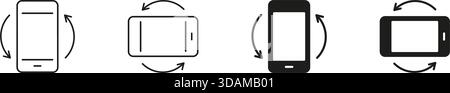 Phone Screen Turning Line and Solid Icon Set. Mobile Device Rotation With Arrows Showing Interaction, Motion and Orientation Adjustment Symbol Stock Vector