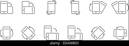 Smartphone Screen Rotation Icon Set. Mobile Phone Orientation Change With Arrows and Motion Indication Outline Symbol Collection. Editable Stroke Stock Vector