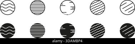 Planet Surface Textures and Line Patterns Icon Set. Astronomy Spheres With Stripes Waves Cosmic Design and Celestial Symbol Collection. Isolated Stock Vector