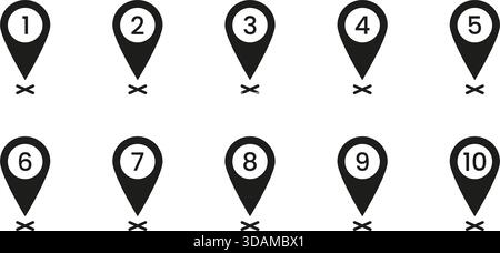 Black Numbered Location Pin Solid Icon Set. Sequential Map Marker Silhouette Symbol Collection. Navigation, Geolocation, And Wayfinding Design Stock Vector