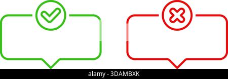 Green Check And Red Cross Speech Bubble Line Icons. Approval And Rejection Decision-Making Outline Symbols. Communication And Feedback Indicators Stock Vector