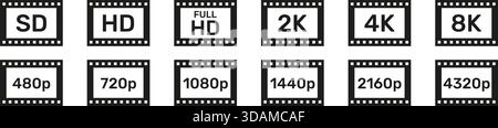 Display Resolution Icons. HD, Full HD, UHD, 4K, 8K, SD. HD Quality Set Collection. Set Of Video Quality Icons. Screen Resolution Badges. Isolated Stock Vector