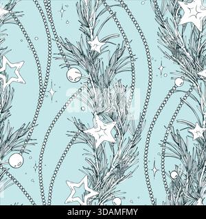 A seamless pattern with pine branches, stars, and beads. A hand-drawn monochrome line art graphic illustration with pen and ink. Christmas, winter Stock Vector