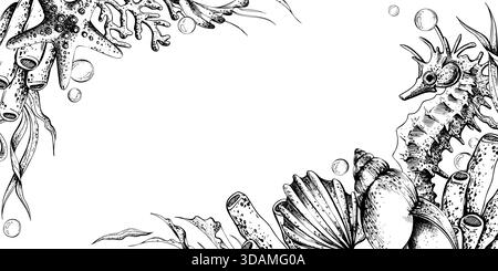 Hand drawn line art horizontal template frame with underwater marine life like seahorse and starfish. Graphic illustration of sea creatures for Stock Vector