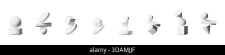 3D abstract balance shapes with geometric spheres, cubes and cylinders on a white background. Grainy noise, halftone texture and gradient effects Stock Vector
