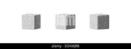Abstract 3D cubes with grainy noise texture and gradient halftone shading. Minimal geometric shapes on white background create a modern retro look Stock Vector