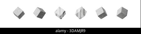 Set of abstract 3D cubes with grainy noise texture and soft halftone shading. Minimal geometric shapes on white background create a modern retro look Stock Vector