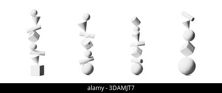 Abstract 3D balance shapes forming geometric stacks on a white background. Grainy noise, halftone texture and soft gradients create an elegant Stock Vector