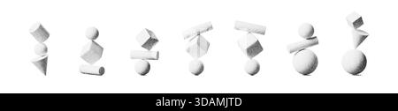 Abstract 3D balance shapes with geometric spheres, cubes and cylinders on a white background. Grainy noise, halftone texture and soft gradients create Stock Vector