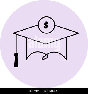 Minimalist graduation cap icon with dollar symbol on light purple background, representing financial planning and costs of higher education Stock Vector