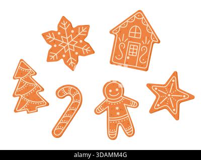 Set of Christmas gingerbread cookie with icing illustrations. Winter biscuits in shape of house, candy cane, gingerbread man, star, snowflake and Xmas Stock Vector