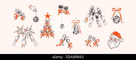Whimsical Christmas doodle set with disco ball, champagne tower and festive elements. Hand-drawn coquette style illustration perfect for holiday party Stock Vector