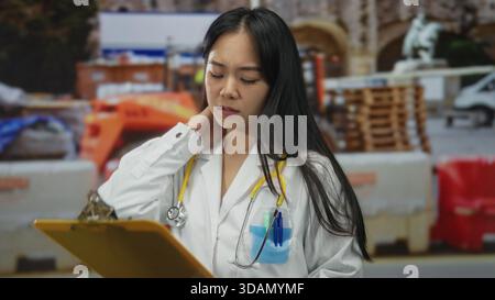 Woman doctor with stethoscope examining clipboard at construction site, displaying concern while wearing a uniform outdoors, embodying medical profess Stock Photo