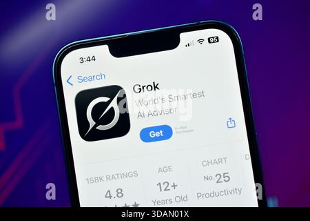 New Delhi, India 11 jaunary 2026:- Closeup of grok ai advisor app screen on a modern smartphone against a dark, abstract background Stock Photo