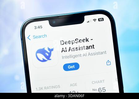 New Delhi, India 11 jaunary 2026:- Deepseek ai assistant app on smartphone screen close up with blue sky background Stock Photo