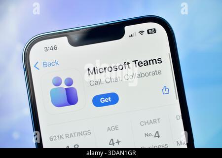 New Delhi, India 11 jaunary 2026:- Closeup of microsoft teams app download page on a modern smartphone screen with a blurred blue background Stock Photo